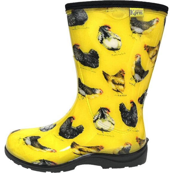 Women's Yellow Chickens Print Waterproof Mid Calf Rubber Comfort Insole Boot - Picture 5 of 7